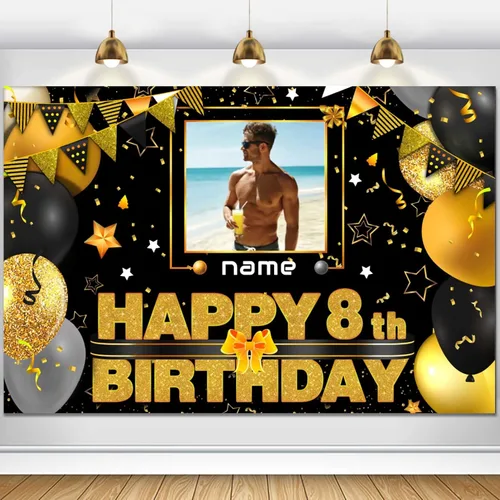 Vista 15 de Cartel decorativo personalizado de feliz cumpleaños número 100 - Personalización disponible - Negro y dorado - Tamaño grande - Admite fotos