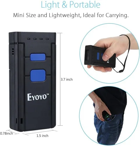 Vista 5 de Eyoyo Mini escáner de código de barras inalámbrico 1D Bluetooth, Bluetooth 3 en 1 y conexión inalámbrica y cableada 2.4G, lector de código de barras