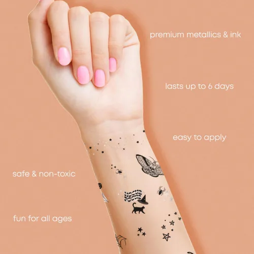 Vista 6 de Flash Tattoos Tatuajes temporales de Halloween Witch Please 44 tatuajes espeluznantes Tatuaje metálico Suministros para fiesta de Halloween