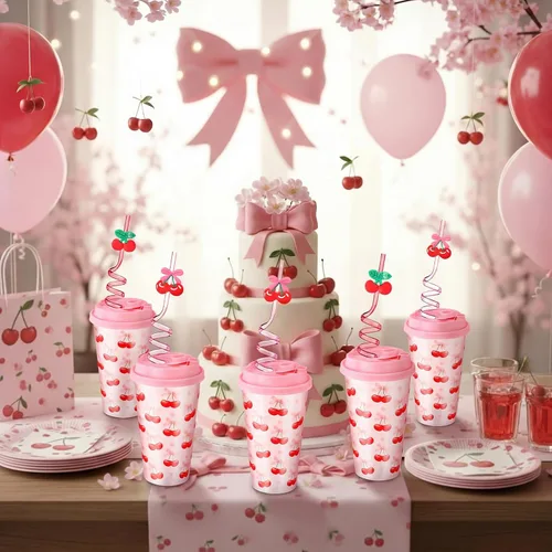 Vista 4 de Juego de 24 tazas de plástico de cereza para fiestas, 16 onzas