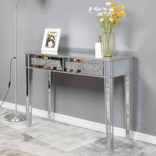 Vista 3 de Henf Escritorio de tocador con espejo para dormitorio, mesa de tocador de maquillaje, mesa de sofá con 2 cajones de diamantes sintéticos, moderno