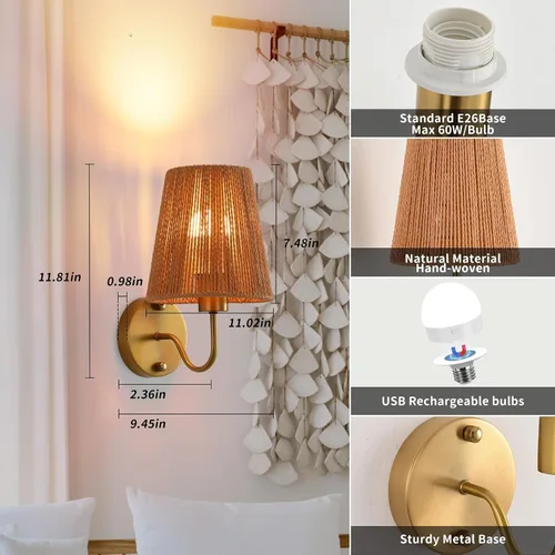 Vista 4 de Juego de 2 apliques de pared bohemios que funcionan con pilas, con pantalla de ratán dorado, luces de pared inalámbricas con bombillas recargables