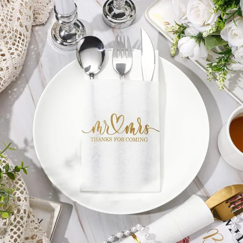 Vista 5 de Panelee 100 servilletas de boda con bolsillo integrado para cubiertos de Mr and Mrs personalizadas, sensación de lino, suministros de cena Dorado