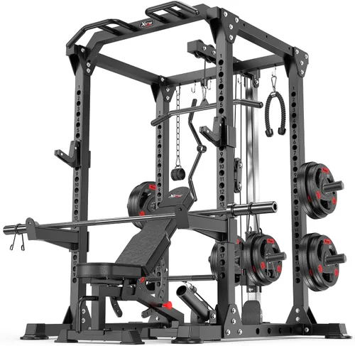 Vista 11 de Power Rack Power Cage Rack multifunción para sentadillas con sistema cruzado de cable seleccionable más accesorio de entrenamiento para garaje