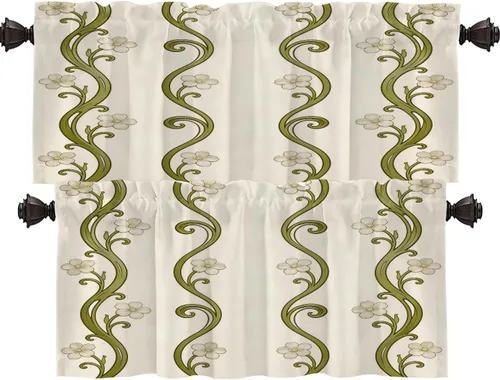 Vista 11 de Shrahala Art Nouveau Floral Pattern Blackout Curtain Tiers, Delicate Vine and Flower Design Kitchen Valance Light Blocking Tier Drapes with Rod