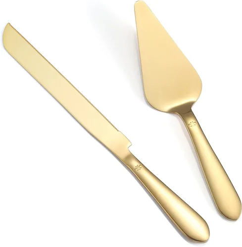 Vista 15 de Juego de servidor de pasteles y tartas Eisinly para boda, elegante juego de servidor y cortador de pizza con bordes dentados grandes de acero Dorado