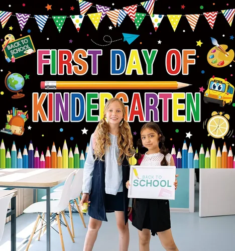 Vista 3 de Pancarta de fondo para el primer día de jardín de infantes, grafiti colorido, primer día de escuela, cartel de bienvenida de regreso a clases
