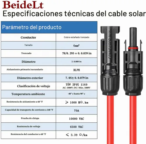 Vista 5 de Cable de extensión solar de 6 pies 10 AWG con conector hembra y macho, kit de adaptador de cable de panel solar (6 pies rojo + 6 pies negro)