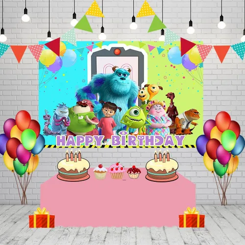 Vista 3 de Telón de fondo de dibujos animados de Monster Inc para fiesta de cumpleaños, suministros de 5 x 3 pies con temática de Monster Inc y Boo Baby Shower