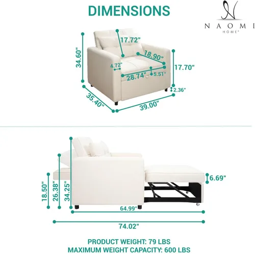 Vista 2 de Naomi Home Silla cama 3 en 1 – Silla convertible cama – Silla convertible, sofá convertible multiposición para espacios pequeños, sofá convertible