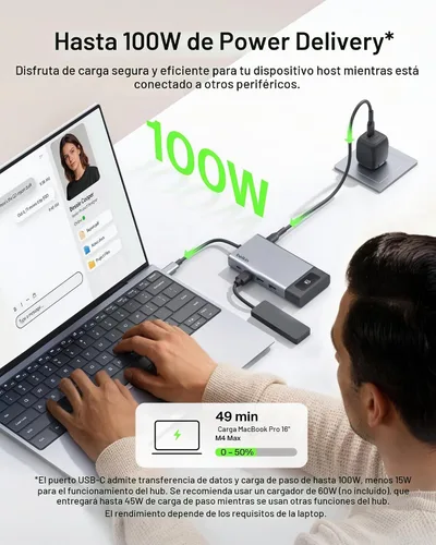 Vista 5 de Belkin Hub USB C, concentrador multipuerto 8 en 1 de 100 W - Soporte de doble pantalla para Windows y Chromebook + soporte duplicado para macOS