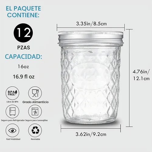 Vista 3 de Paquete de 12 tarros Mason de boca ancha de 16 onzas con tapas herméticas – Tarros de vidrio para conservas de conservas de conservas de conservas