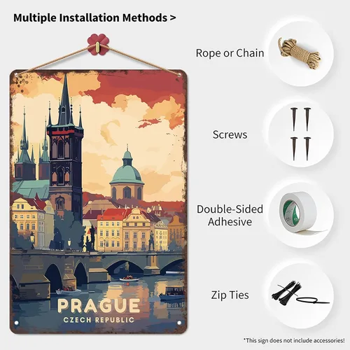 Vista 3 de Letrero de metal con diseño de paisaje de ciudad vintage de Praga, carteles de estaño retro para hombre, cueva, bar, garaje, habitación, calles
