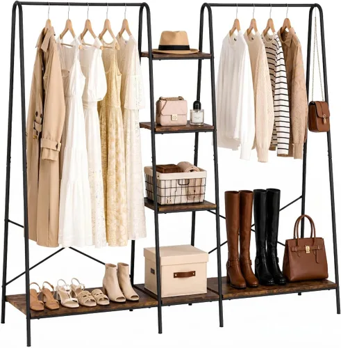 Vista 11 de Finnhomy Rustic Clothes Rack, Clothing Rack for Hanging Clothes Heavy Duty Garment Rack with 5 Wood Shelves Freestanding Portable Closet Organizer