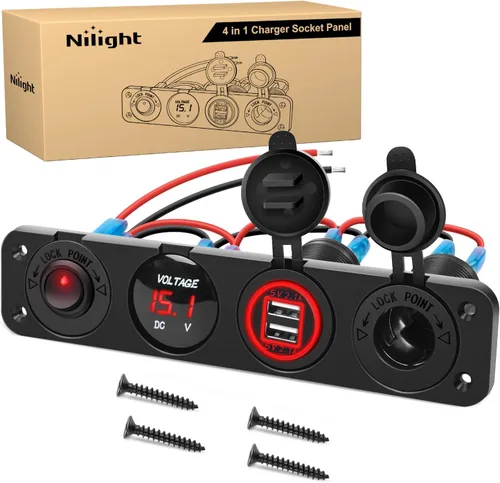 Vista 10 de Nilight - Panel de enchufe de salida 4 en 1, 12V CC, 4.8A, voltímetro LED, interruptor basculante de encendido y apagado con luz, encendedor