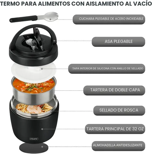 Vista 5 de Termo de sopa para comida caliente, contenedor de almuerzo aislado de acero inoxidable de 32 onzas, termo de boca ancha para sopa y alimentos, Negro