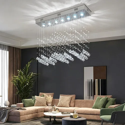 Vista 5 de Candelabro de cristal moderno de 7 luces rectangular de lujo con ondas, lámpara de techo empotrada colgante con gotas de lluvia cromada para isla