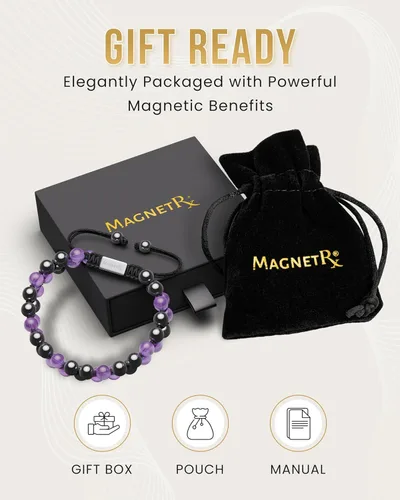Vista 7 de MagnetRX® Pulsera de hematita y amatista, pulseras magnéticas de hematita de máxima fuerza, pulseras de cuentas moradas con cristales de amatista