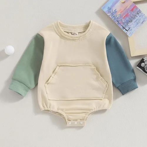 Vista 23 de Mameluco de manga larga con bloques de color para bebé, niño, niña, con bolsillo, cuello redondo, sudadera básica para otoño e invierno