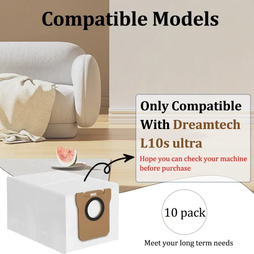 Vista 2 de Paquete de 10 bolsas de polvo compatibles con Dreametech L10s Ultra Robot Vacuum Base de auto-vaciado, 3L de gran capacidad, sellado automático