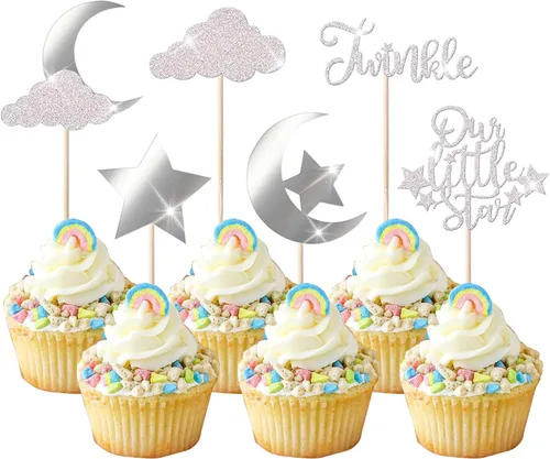 Vista 10 de Paquete de 24 adornos para cupcakes con purpurina de luna, nube, estrellas, estrellas, baby shower, niños, cumpleaños, boda, fiesta, decoración