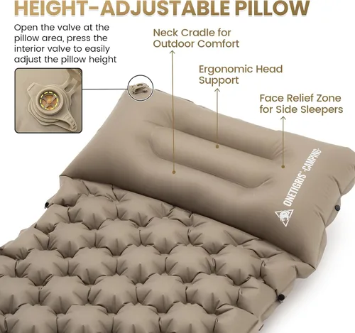 Vista 2 de ONETIGRIS Blackcrystal - Colchoneta de dormir ultraligera para acampar con almohada con bomba de pie incorporada, colchoneta inflable compacta