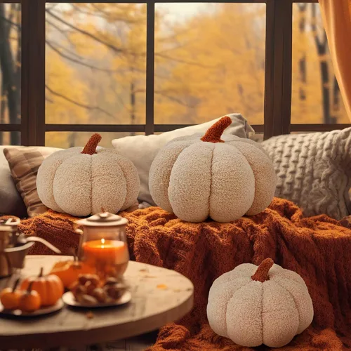 Vista 7 de Juexica 3 almohadas de calabaza de peluche esponjosas en 3D con forma de calabaza para decoración de otoño, Acción de Gracias, Halloween, cojín