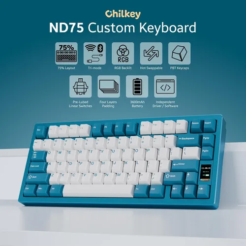 Vista 3 de Chilkey ND75 Aluminum Keyboard 75% Percent Wireless Gaming Mechanical Keyboard with LCD Screen, Quick Assembly, BT2.4GUSB-C, Hot Swappable Per-Key