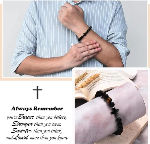 Vista 2 de Pulsera de cruz para hombre, adolescente, niños, regalos para papá, marido, padrino, hijo, nieto, sobrino, aniversario, cumpleaños, Navidad