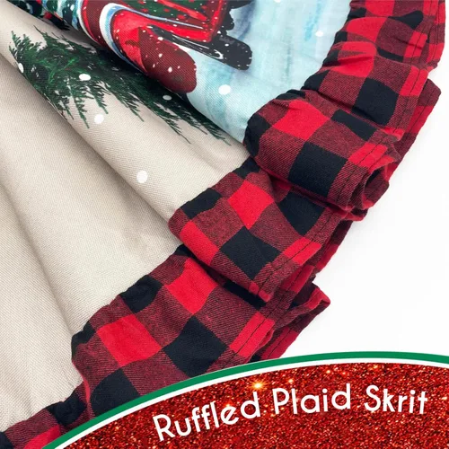 Vista 7 de ORTIGIA Falda de Árbol de Navidad de Camión de 48 Pulgadas Cuadros Búfalo Rojo Negro Falda de Árbol de Navidad Cuello Borde con Volantes para Granja