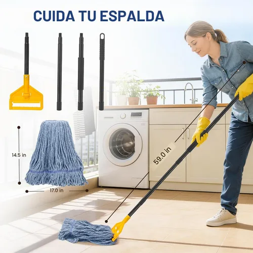 Vista 3 de KeFanta Paquete de 2 trapeadores industriales comerciales resistentes, mango largo de 60 pulgadas con cuerda de extremo de bucle, cabezal de fregona