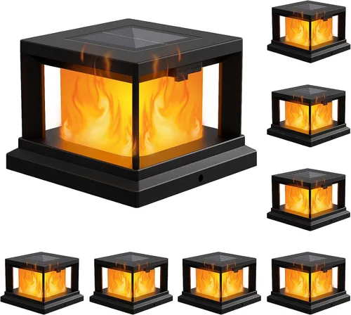 Vista 9 de Paquete de 8 luces solares para exteriores, luces solares impermeables para punta de poste de 4 x 4 con llama parpadeante, luces de poste de alta