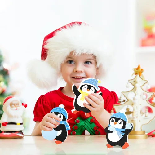 Vista 6 de COCHIE Decoraciones de Navidad de pingüinos para interior, lindo juego de decoración de bandeja escalonada de pingüinos de invierno de 3 piezas