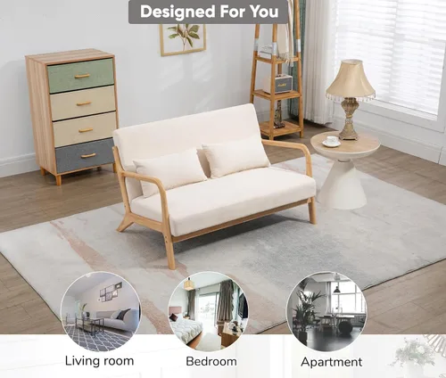 Vista 6 de JOYBASE Sofá biplaza pequeño de 45.7 pulgadas de ancho, sofá biplaza moderno de mediados de siglo con reposabrazos para sala de estar, espacio Beige