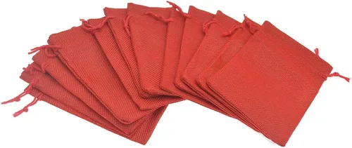 Vista 2 de 50 bolsas de regalo de arpillera de 5 x 7 pulgadas, bolsas de lino rojo con cordón de Navidad, bolsas de yute para joyas, bolsas de recuerdos