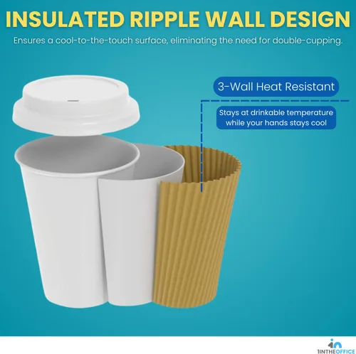 Vista 5 de Tazas de café desechables con tapas, tazas de papel de 10 onzas, pared ondulada aislada, paquete de 50