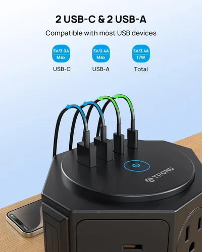 Vista 5 de TROND Tira de alimentación con protector de sobretensiones de torre y USB, 14 tomas ampliamente espaciadas, 2 USB C y 2 USB-A, protección contra