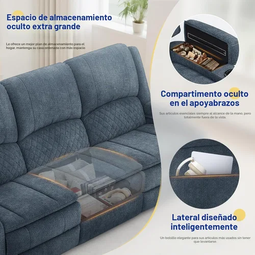 Vista 4 de Sofá reclinable de 3 plazas, sofá reclinable con consola elevable (tela, azul) Reclining Sofa with USB Removable Armrest, RV Sofa with Cup Holder