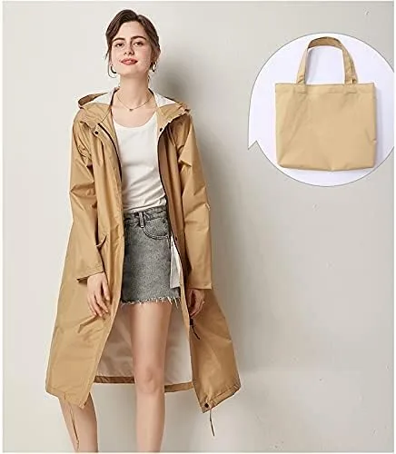 Vista 2 de WDBBY Impermeable largo para mujer, poncho impermeable impermeable para lluvia, cubierta con capucha (color A, tamaño código XL)