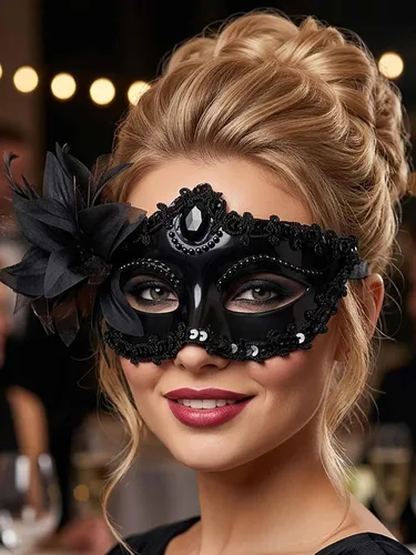 Vista 7 de Yokawe Máscara de mascarada negra para mujer, máscara veneciana de flores, de encaje, disfraz de Mardi Gras