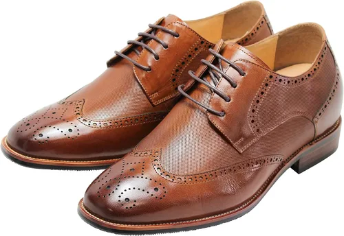 Vista 3 de CALTO Zapatos de ascensor invisibles para hombre - Cuero premium marrón con punta de ala con cordones Oxfords formales - 3 pulgadas más alto - Y10652