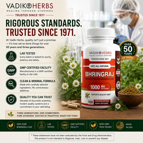 Vista 8 de Vadik Herbs Bhringraj Cápsulas Hoja de Bhringraj orgánica entera (Eclipta alba) Hierba tradicional ayurvédica para cabello saludable, cuero