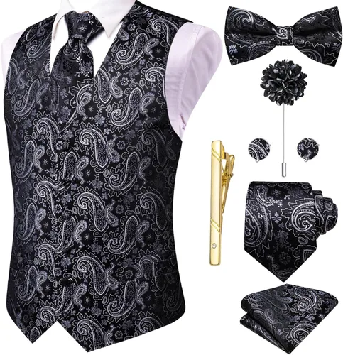 Vista 39 de Hi-Tie Chaleco de traje de seda para hombre, corbata y corbatín de solapa, clip de corbata dorado, chaleco floral de cachemira, 8 piezas, conjunto