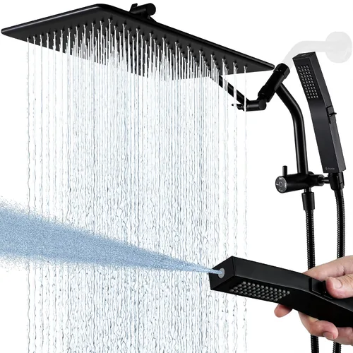 Vista 9 de G-Promise Cabezal de ducha de lluvia de metal completo de 10 pulgadas con modo de lavado de potencia incorporado manual, desviador de 3 vías