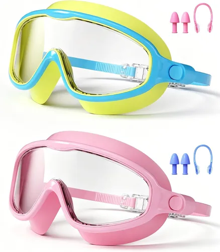 Vista 10 de Gafas de natación para niños de 3 a 15 años con tapones para los oídos, marco grande, gafas de natación antivaho/UV para niños, niñas y bebés, 2