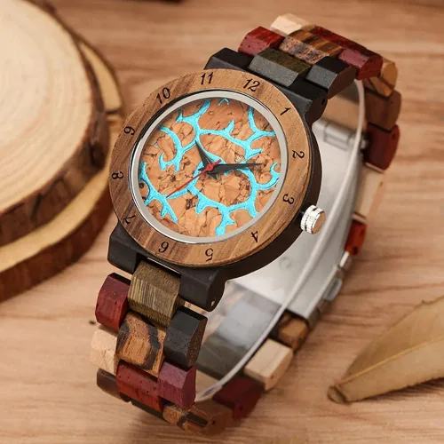 Vista 6 de Reloj de luz de madera para mujer, reloj analógico para mujer, correa de madera con cierre plegable, relojes de madera para mujer