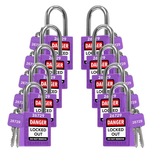 Vista 11 de TRADESAFE Juego de cerraduras de bloqueo - 7 candados iguales con llave roja, 2 llaves por cerradura, cerraduras Loto compatibles con OSHA