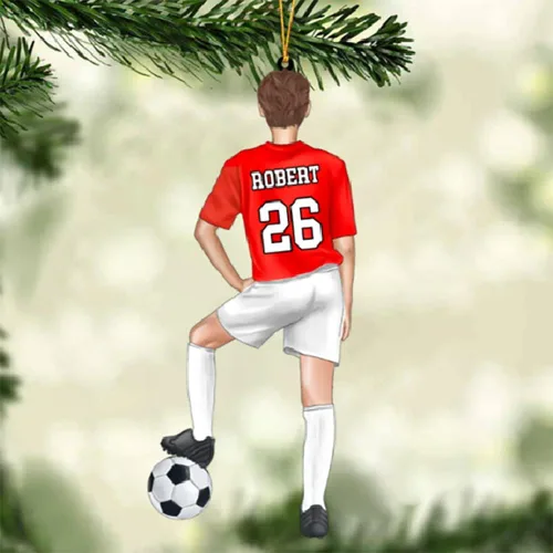 Vista 5 de Adorno de Navidad personalizado para jugador de fútbol; regalo personalizado para colgar en el árbol de Navidad 2D; gran idea de regalo