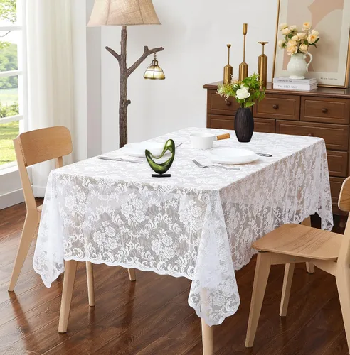 Vista 8 de ASATEX Camino de mesa de encaje de lino dorado de 14 x 36 pulgadas con 2 borlas. El patrón floral clásico y elegante es la opción ideal
