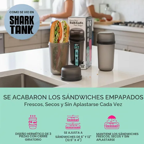 Vista 2 de SubSafe Contenedor para sándwich de 3 piezas, gris carbón, como se ve en Shark Tank, impermeable, a prueba de golpes, almacenamiento de alimentos